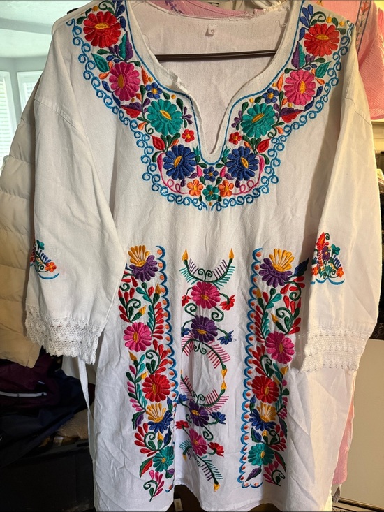 Unknown Dresses & Skirts - White Embroidered Midi Dress with Multicolor Floral Motif